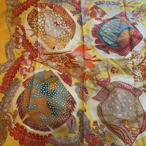 Hermès Grands Fonds Gold Sea Fish, France -100% Silk scarf, 35”x35”  EUC